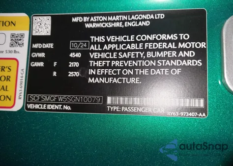 2025 Aston Martin Vantage z USA, uszkodzony, nr VIN SCFSMGFW5SGN10079